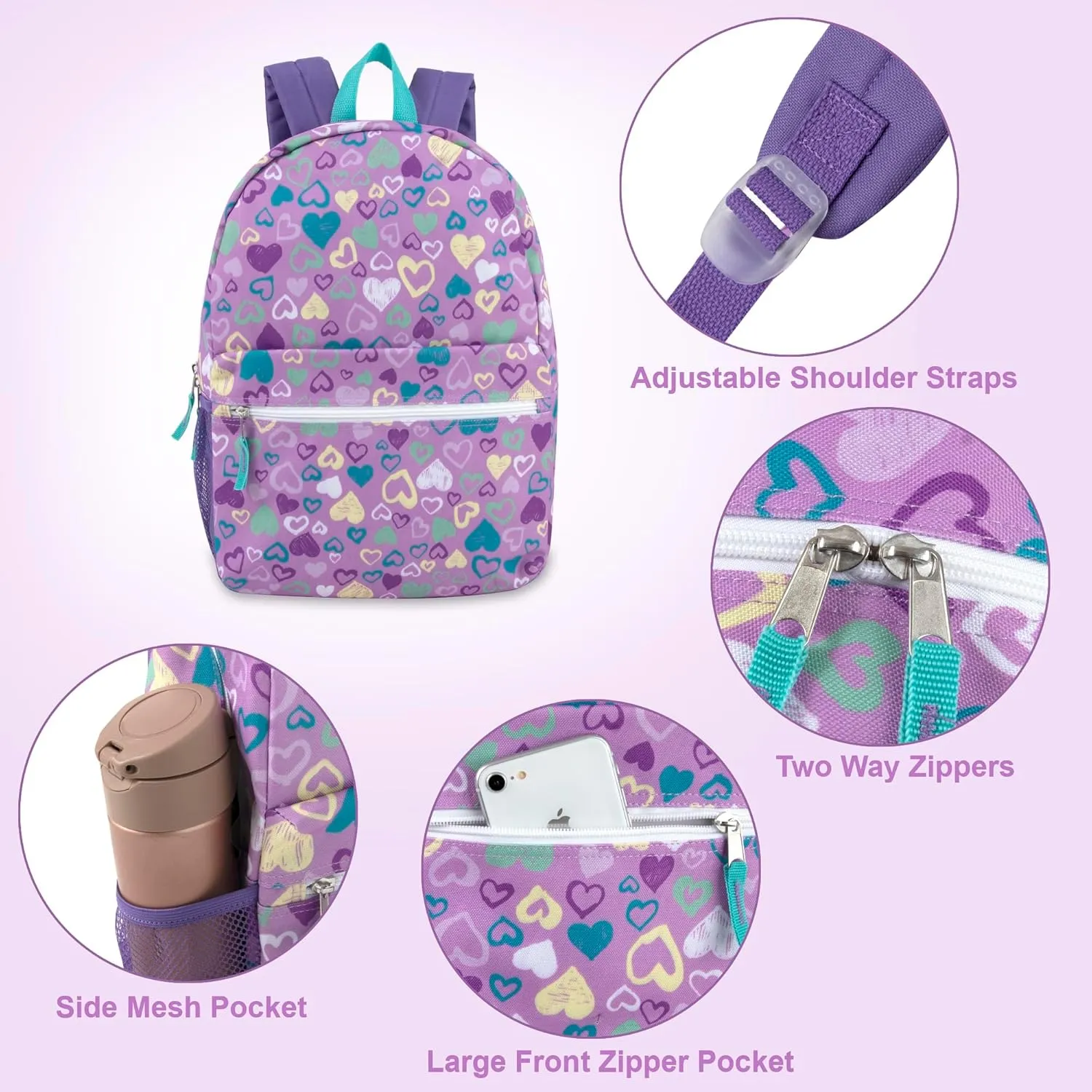 17 Inch Backpack with Side Pockets for Girls for School, Travel, Hiking, Camping