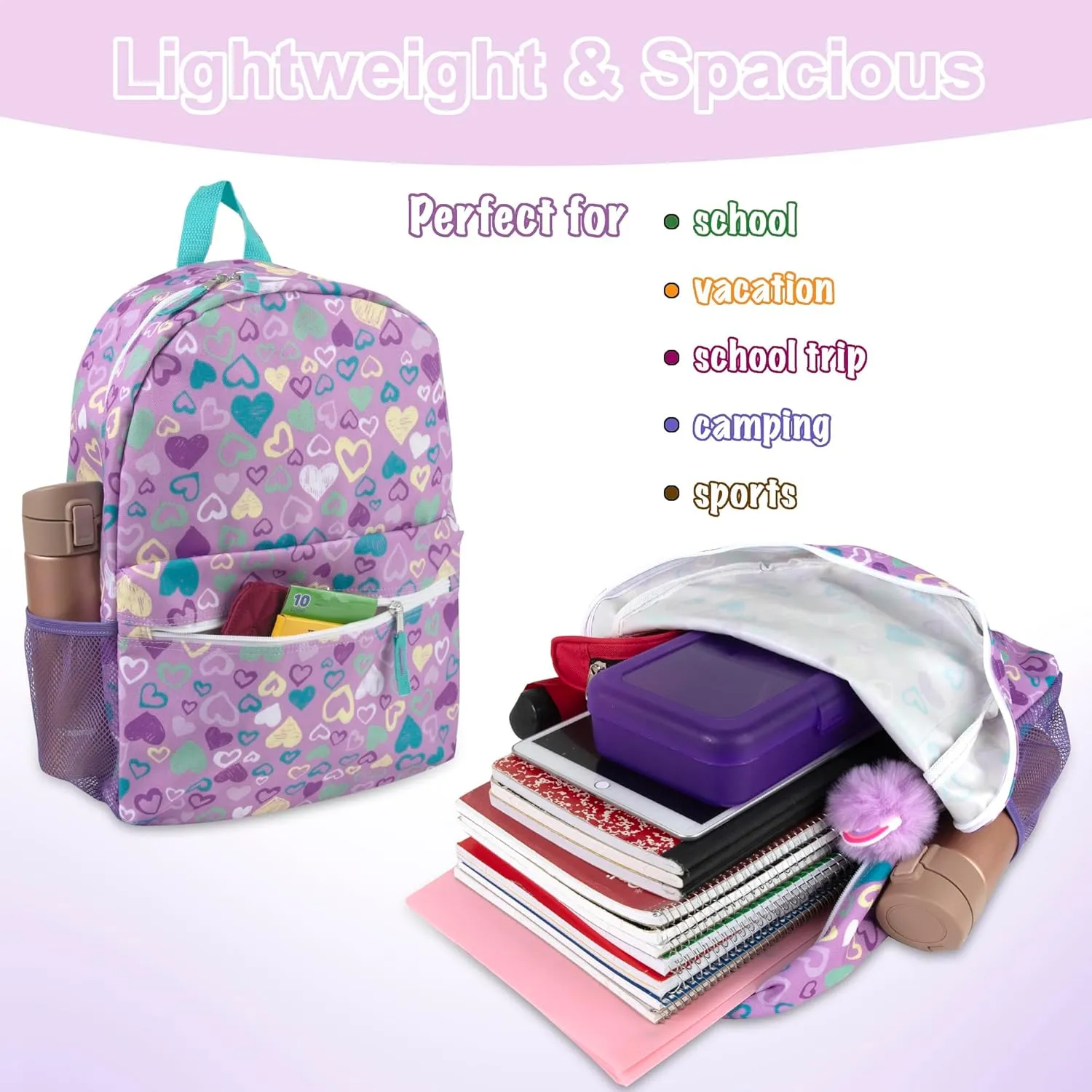 17 Inch Backpack with Side Pockets for Girls for School, Travel, Hiking, Camping