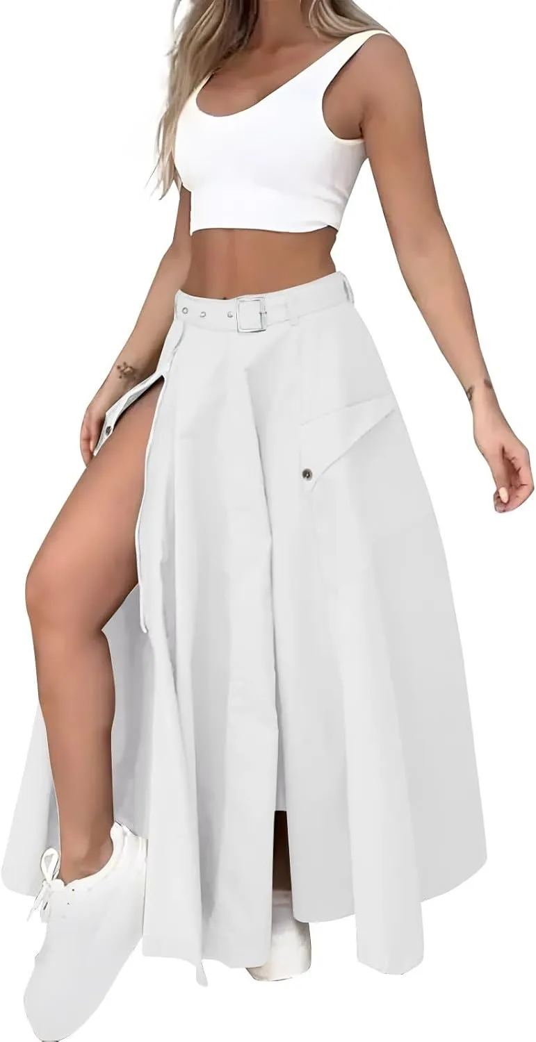 2 Piece Skirt Sets for Women Sleeveless Scoop Neck Crop Tank Tops Zipper High Slit Midi Flowy Skirts Matching Sets