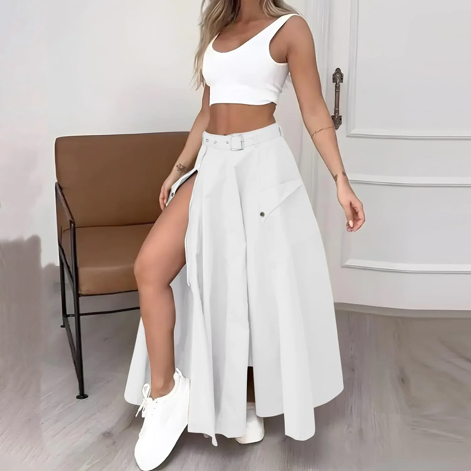 2 Piece Skirt Sets for Women Sleeveless Scoop Neck Crop Tank Tops Zipper High Slit Midi Flowy Skirts Matching Sets