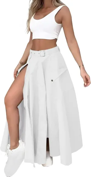2 Piece Skirt Sets for Women Sleeveless Scoop Neck Crop Tank Tops Zipper High Slit Midi Flowy Skirts Matching Sets