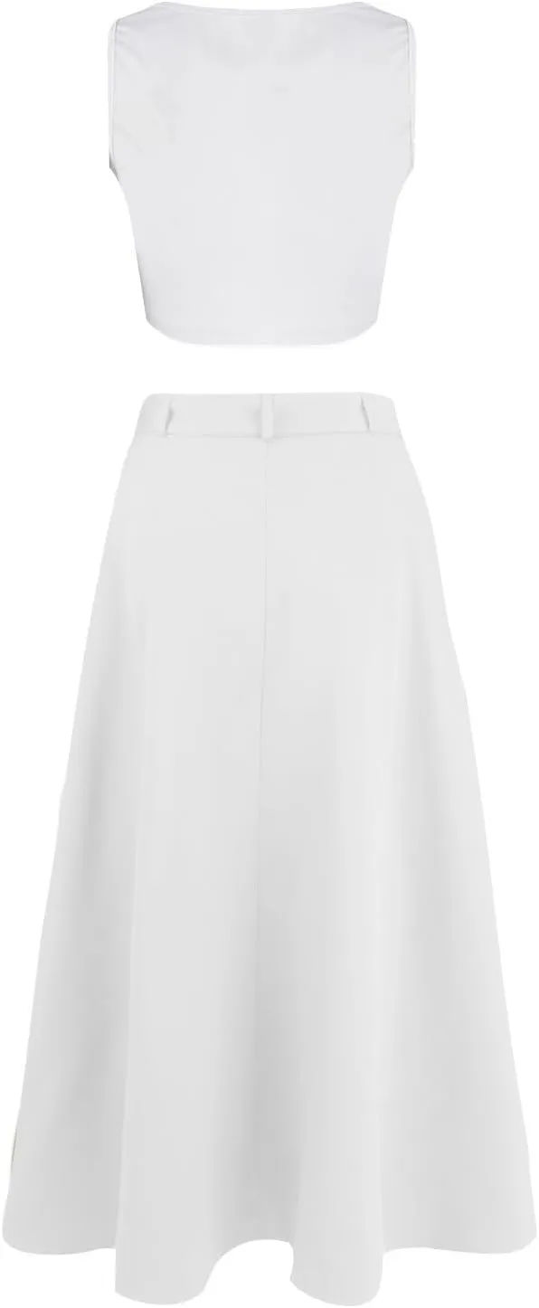 2 Piece Skirt Sets for Women Sleeveless Scoop Neck Crop Tank Tops Zipper High Slit Midi Flowy Skirts Matching Sets