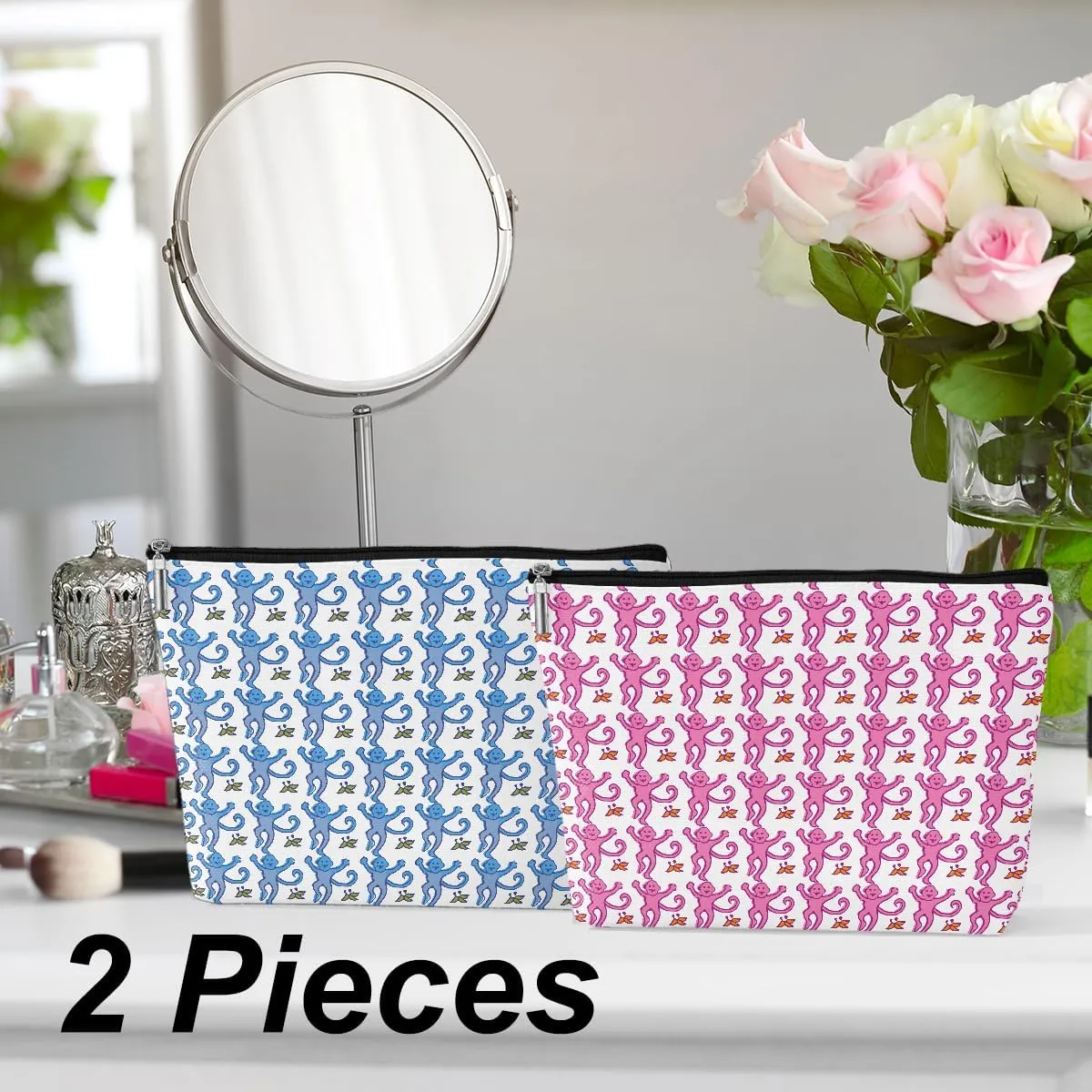 2 Pieces Preppy Stuff Preppy Makeup Bag Preppy Gifts for Women Female Teen Girls Monkey Lover Friend Daughter Bestie Sister Niece Birthday Graduation Mothers Day Pink Blue Cosmetic Bag Travel Pouch