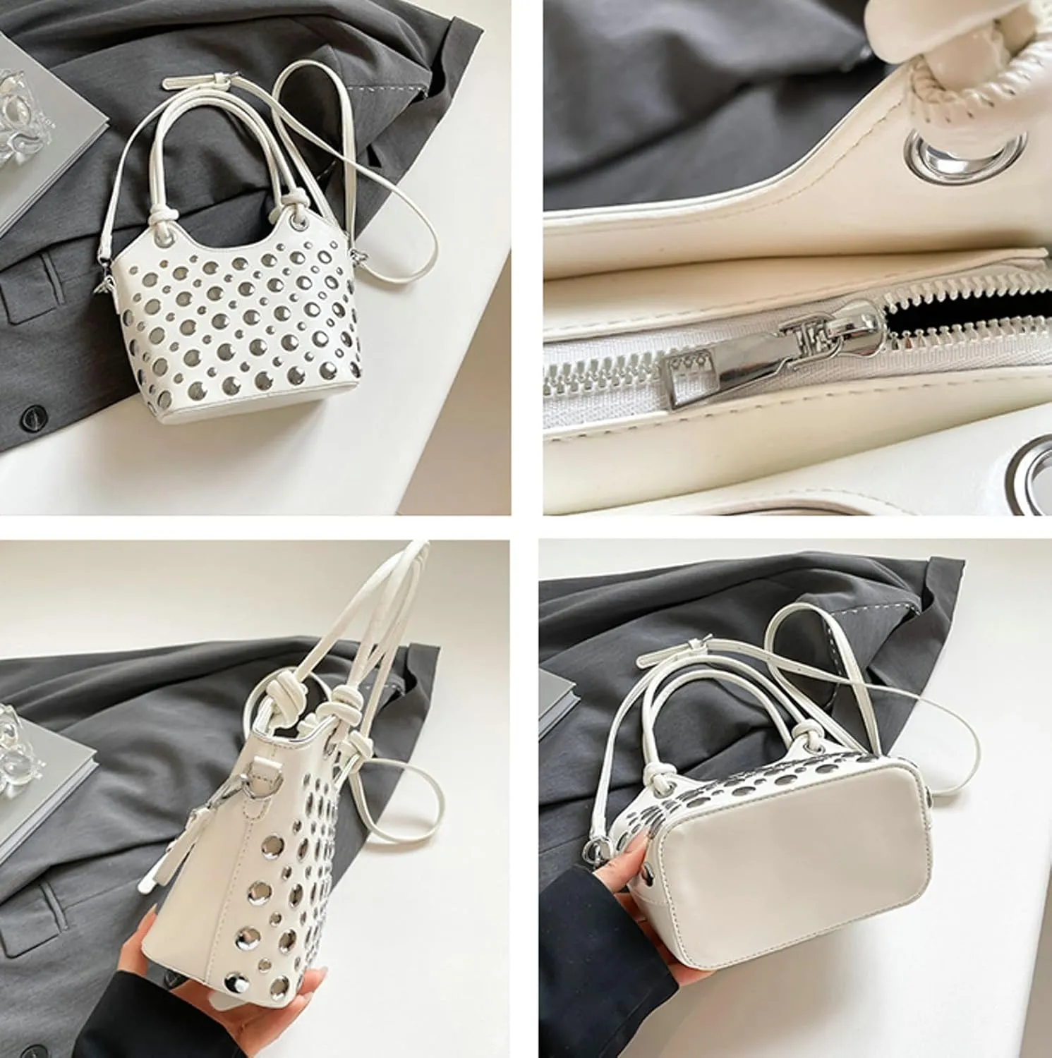 2025 Womens Handbag Polka Dot Studded Satchel Bag Mini Bucket Purse Top Handle Shoulder Work Commute