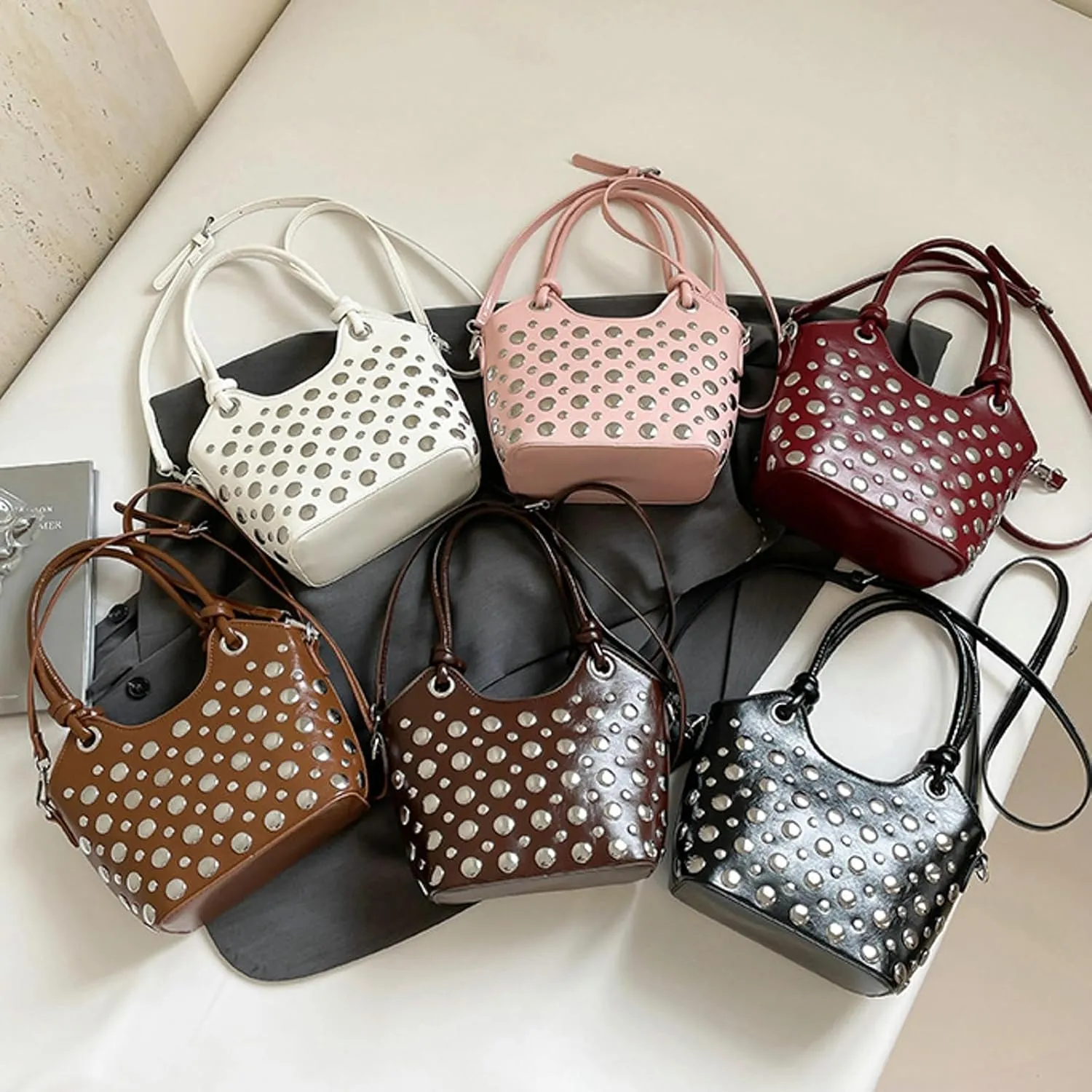 2025 Womens Handbag Polka Dot Studded Satchel Bag Mini Bucket Purse Top Handle Shoulder Work Commute
