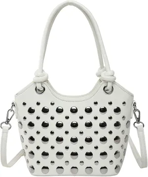 2025 Womens Handbag Polka Dot Studded Satchel Bag Mini Bucket Purse Top Handle Shoulder Work Commute
