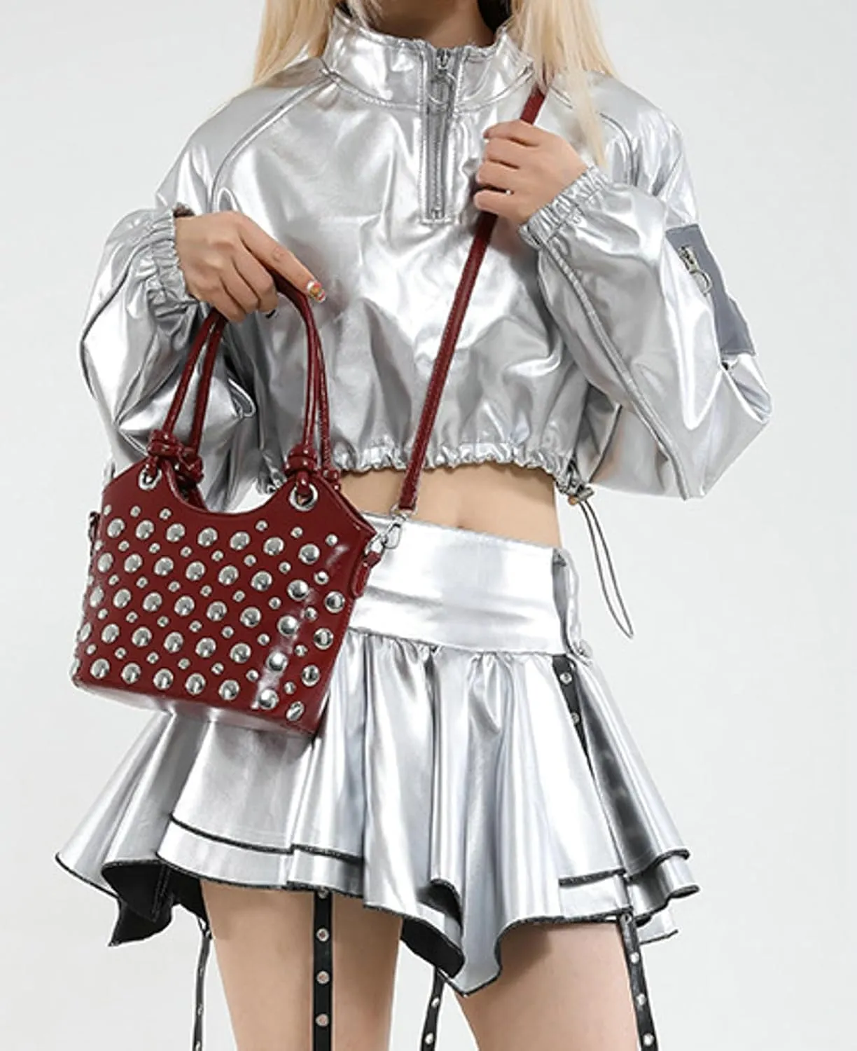2025 Womens Handbag Polka Dot Studded Satchel Bag Mini Bucket Purse Top Handle Shoulder Work Commute