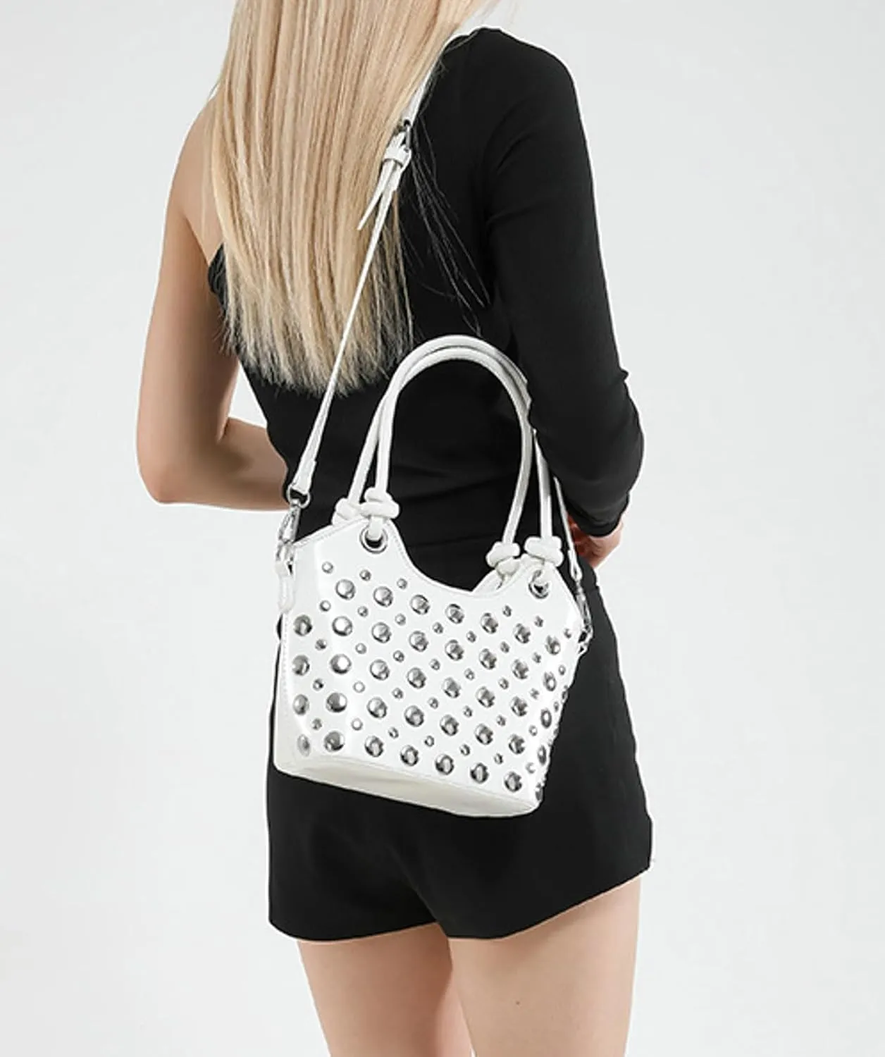 2025 Womens Handbag Polka Dot Studded Satchel Bag Mini Bucket Purse Top Handle Shoulder Work Commute