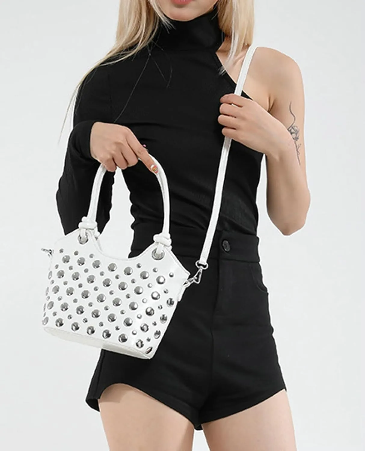 2025 Womens Handbag Polka Dot Studded Satchel Bag Mini Bucket Purse Top Handle Shoulder Work Commute
