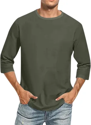 3/4 Sleeve Shirt for Men Casual Crew Neck Baseball T-Shirts Solid Color Loose Fit Tees Three Quarter Sleeve T Shirts