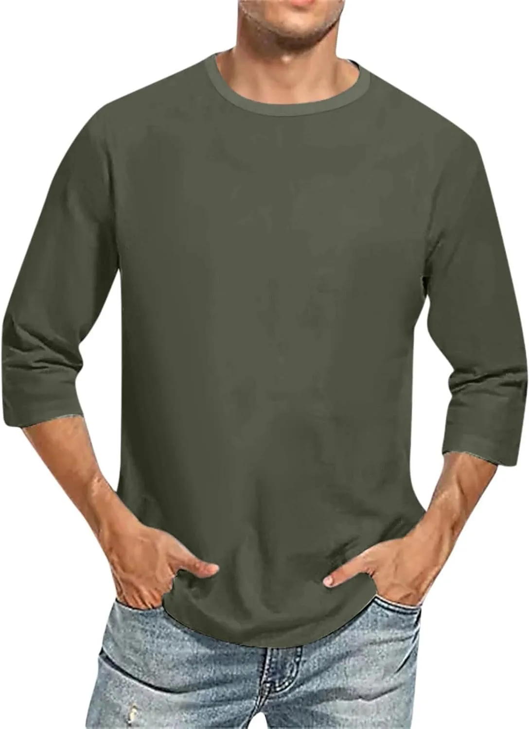3/4 Sleeve Shirt for Men Casual Crew Neck Baseball T-Shirts Solid Color Loose Fit Tees Three Quarter Sleeve T Shirts