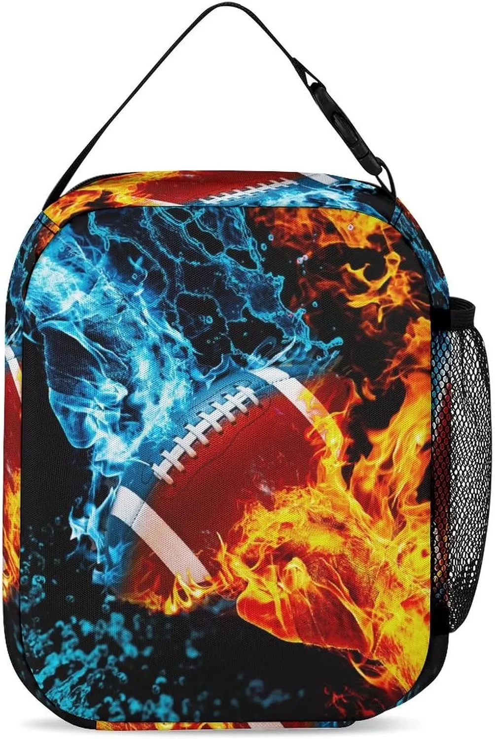 3pcs Bright Ice & Fire Football Backpack Set, Multi-functional Laptop Bag 17in Water Resistant Travel Daypack, Large Capacity Double Shoulder Backpack With Lunch Bag (Bright Ice & Fire Football