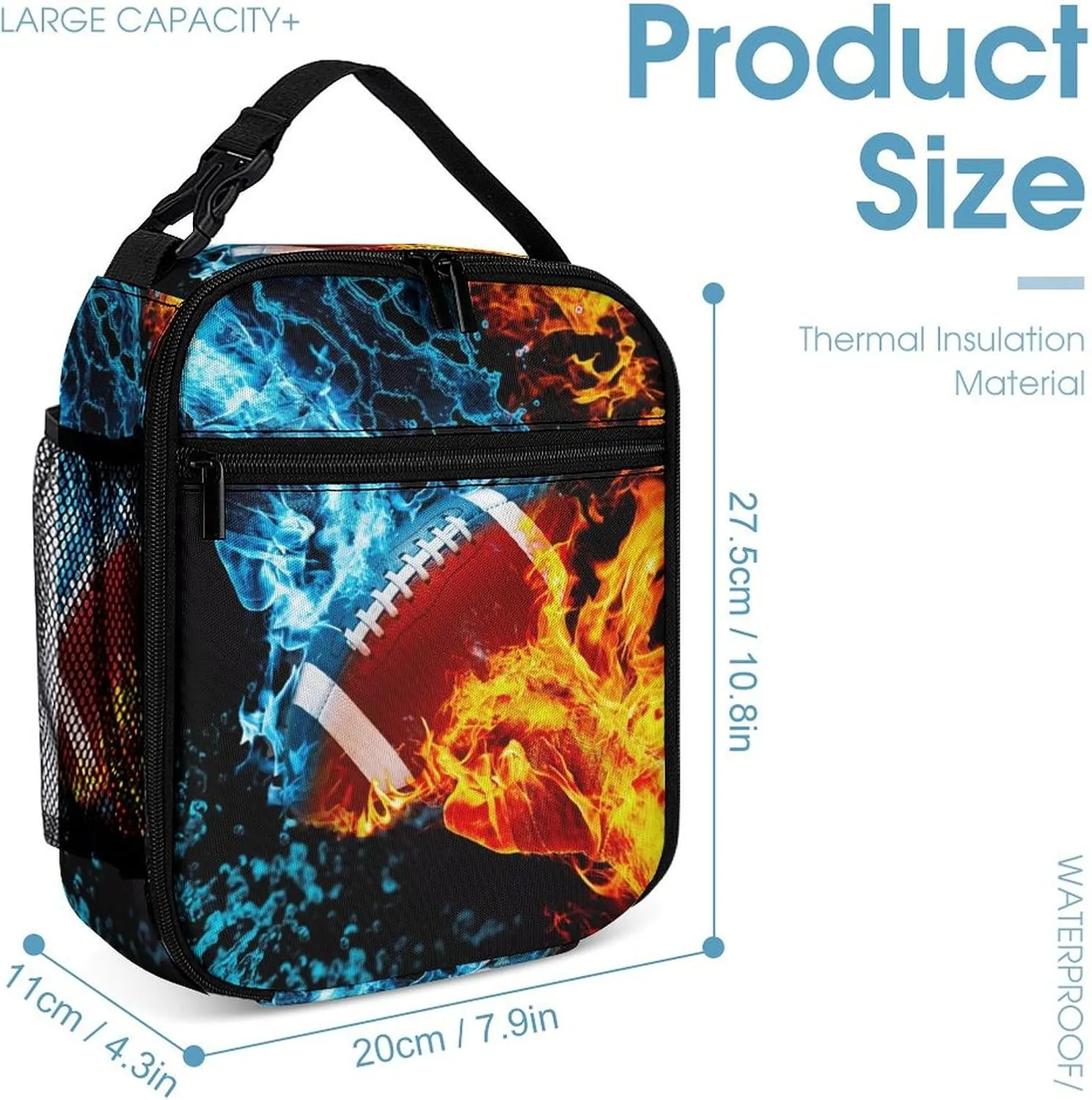 3pcs Bright Ice & Fire Football Backpack Set, Multi-functional Laptop Bag 17in Water Resistant Travel Daypack, Large Capacity Double Shoulder Backpack With Lunch Bag (Bright Ice & Fire Football