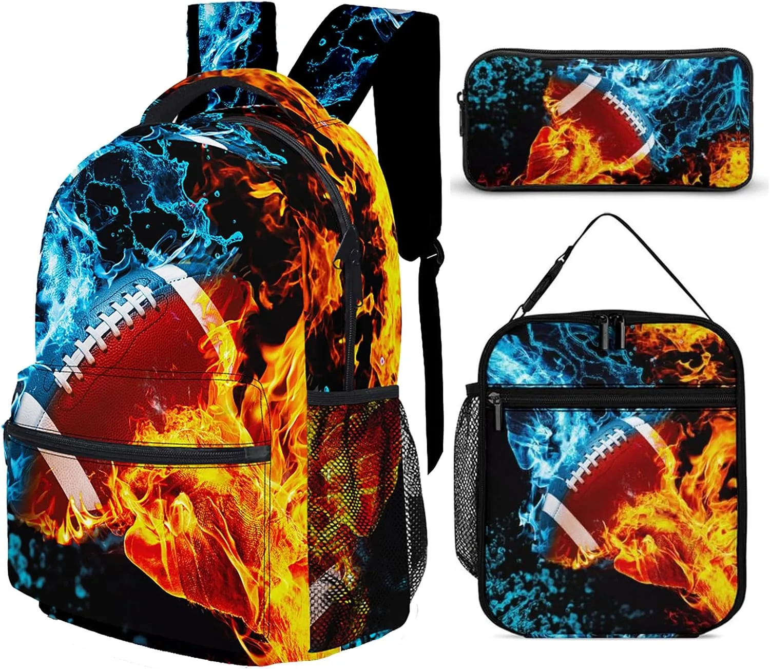 3pcs Bright Ice & Fire Football Backpack Set, Multi-functional Laptop Bag 17in Water Resistant Travel Daypack, Large Capacity Double Shoulder Backpack With Lunch Bag (Bright Ice & Fire Football