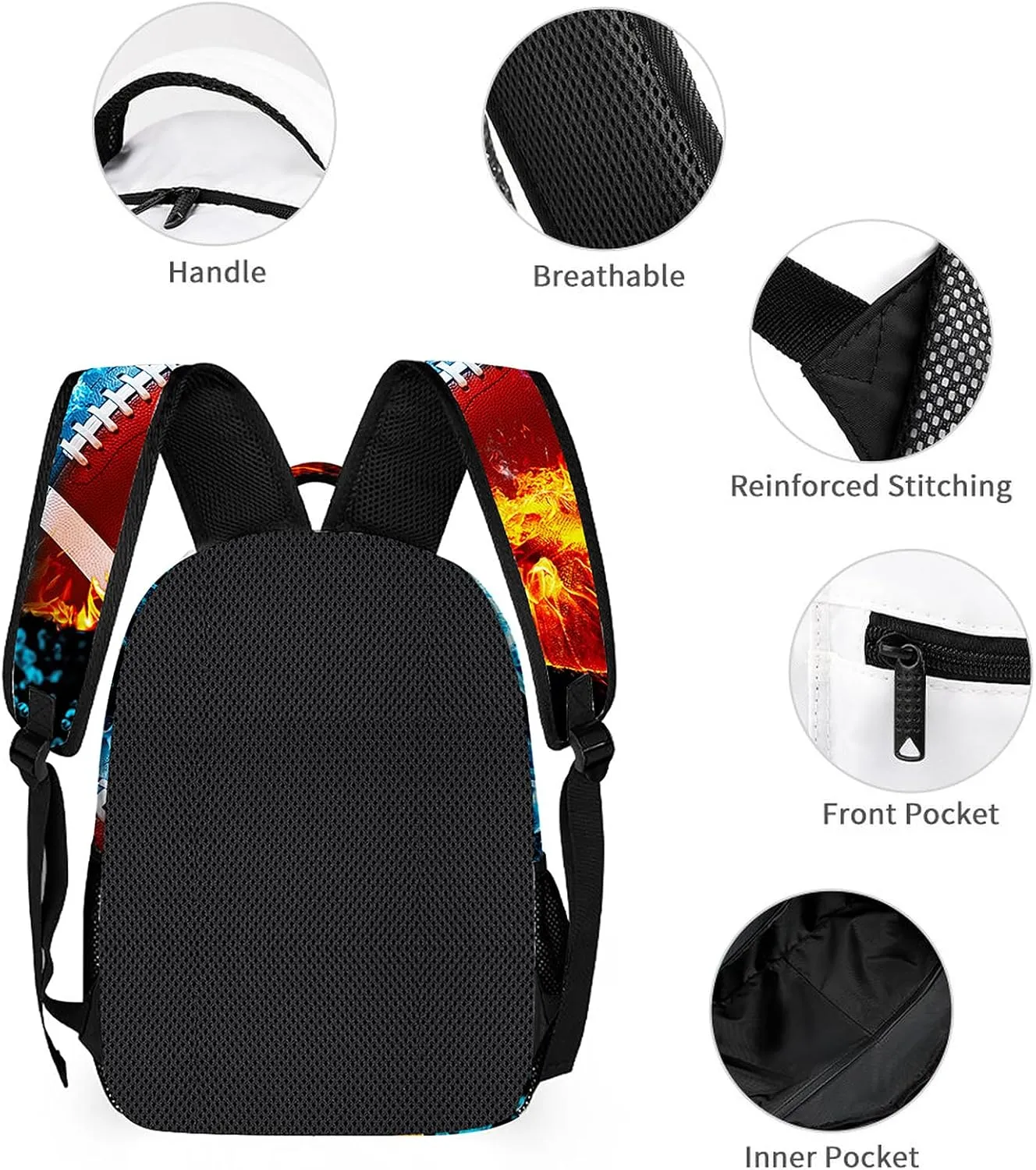 3pcs Bright Ice & Fire Football Backpack Set, Multi-functional Laptop Bag 17in Water Resistant Travel Daypack, Large Capacity Double Shoulder Backpack With Lunch Bag (Bright Ice & Fire Football