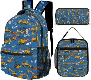 3pcs Cartoon Excavator Backpack Set, Multi-functional Laptop Bag 17in Water Resistant Travel Daypack, Large Capacity Double Shoulder Backpack With Lunch Bag (Cartoon Excavator