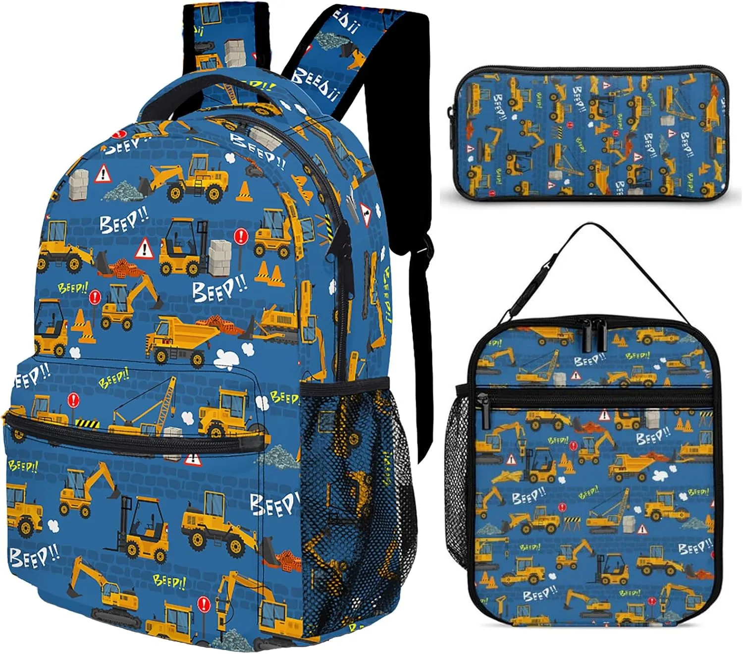 3pcs Cartoon Excavator Backpack Set, Multi-functional Laptop Bag 17in Water Resistant Travel Daypack, Large Capacity Double Shoulder Backpack With Lunch Bag (Cartoon Excavator