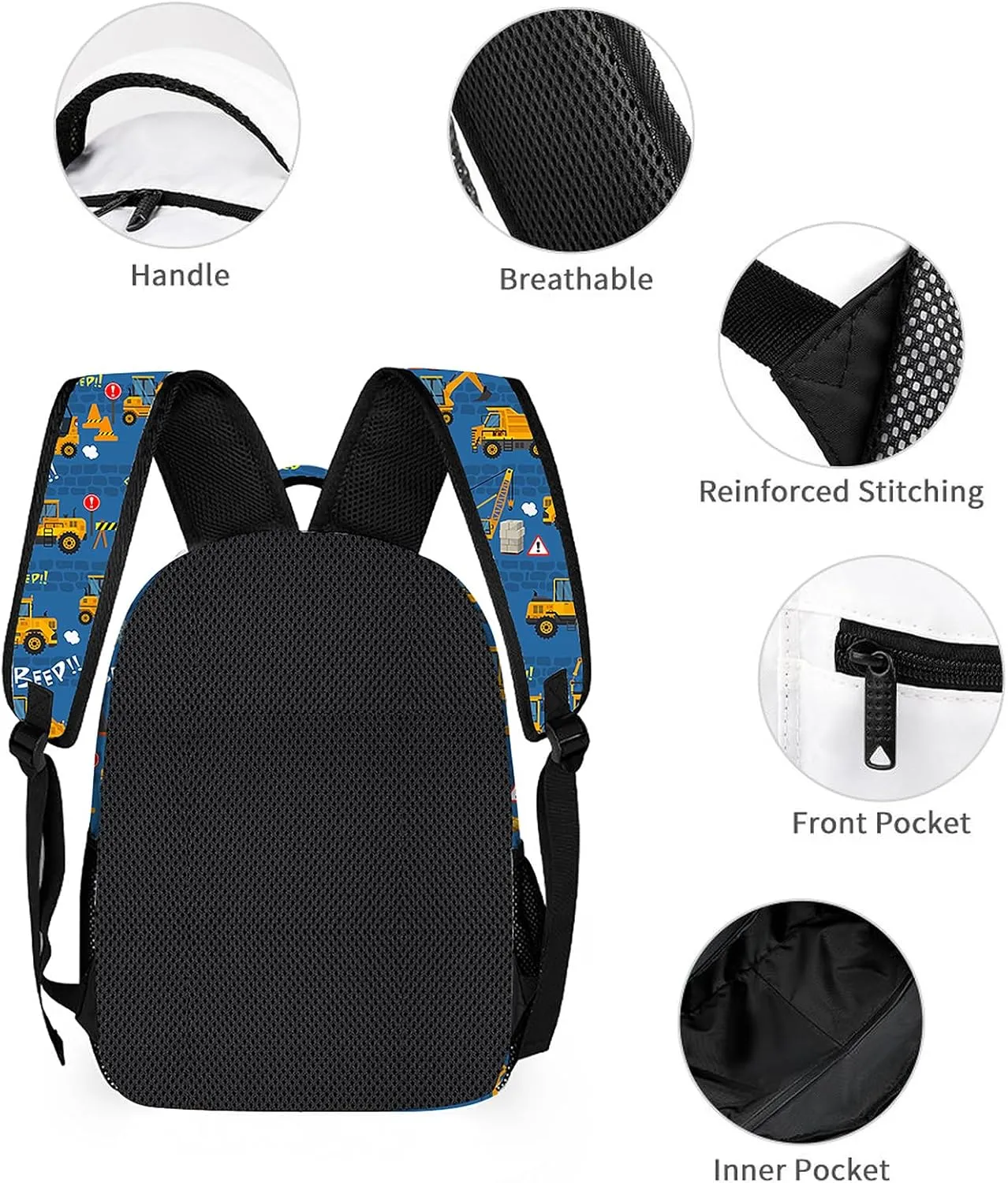 3pcs Cartoon Excavator Backpack Set, Multi-functional Laptop Bag 17in Water Resistant Travel Daypack, Large Capacity Double Shoulder Backpack With Lunch Bag (Cartoon Excavator