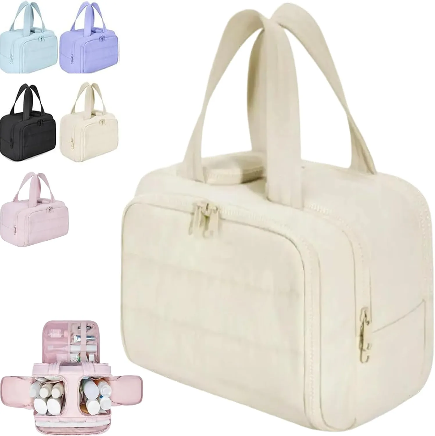 4-In-1 Puffy Multi-Functional Toiletry Bag, Travel Toiletry Bag For Women, Large-Capacity Travel Hanging Organizer for Toiletries & Beauty Essentials (Off-white)