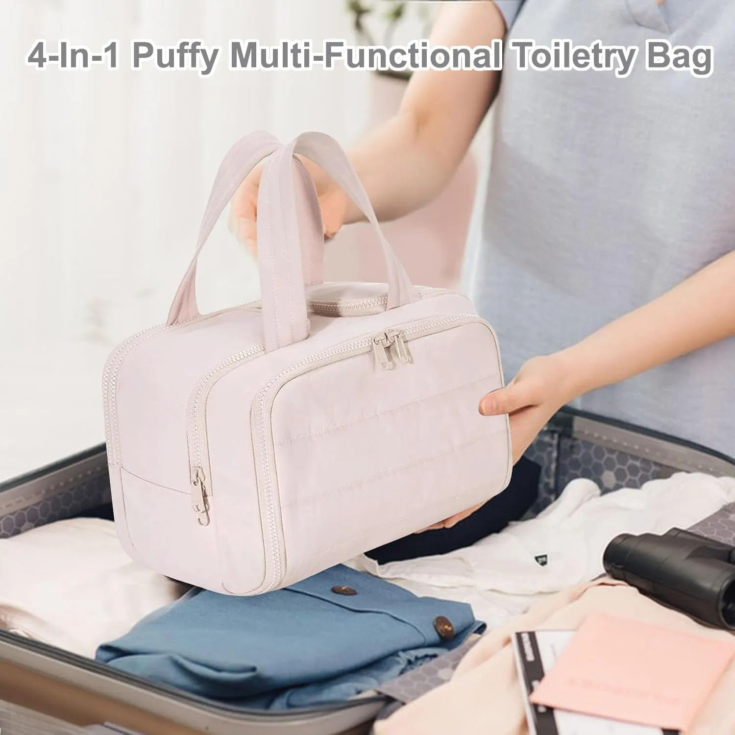 4-in-1 Puffy Multi-Functional Toiletry Bag,Travel Toiletry Bag, Lightweight Large Wide-Open Travel Bag for Women,Puffy Cosmetic Bag with Handle for Accessories,Essentials, Toiletries (Pink)