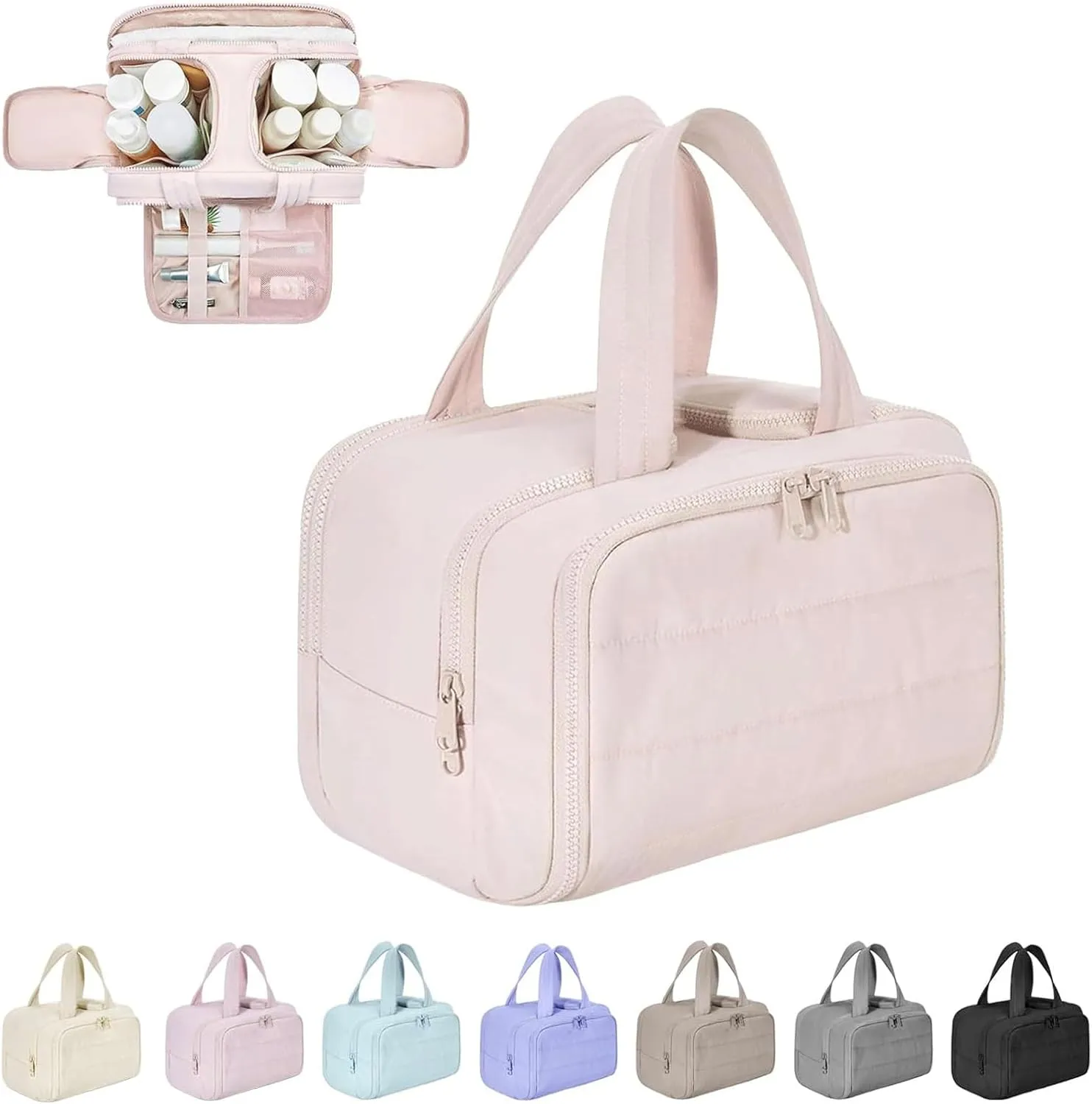 4-in-1 Puffy Multi-Functional Toiletry Bag,Travel Toiletry Bag, Lightweight Large Wide-Open Travel Bag for Women,Puffy Cosmetic Bag with Handle for Accessories,Essentials, Toiletries (Pink)