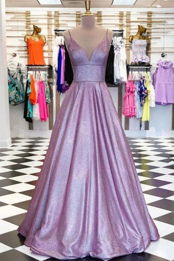 A-line V-neck Spaghetti Straps Purple Prom/Evening Dress with Pockets PSK167