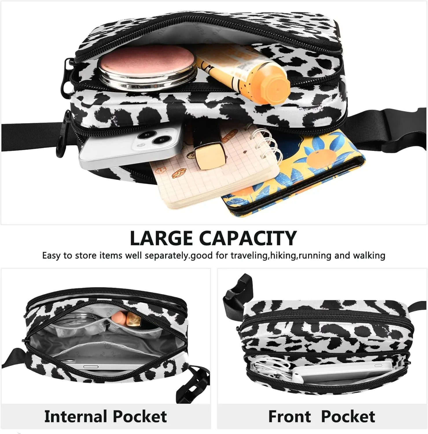 Abstract Black White Animal Waterproof Fanny Packs Women Hip Pack Belt Pouch Funky Waist Bag for Women