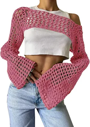 Aimiray Women's Sexy Mesh Crochet Crop Top Hollow Out Beach Cover Ups See Through Long Sleeve Y2k Knit Sweater Tees