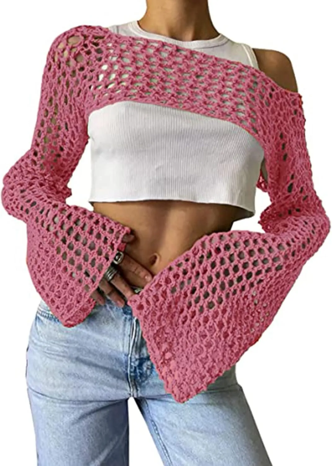 Aimiray Women's Sexy Mesh Crochet Crop Top Hollow Out Beach Cover Ups See Through Long Sleeve Y2k Knit Sweater Tees