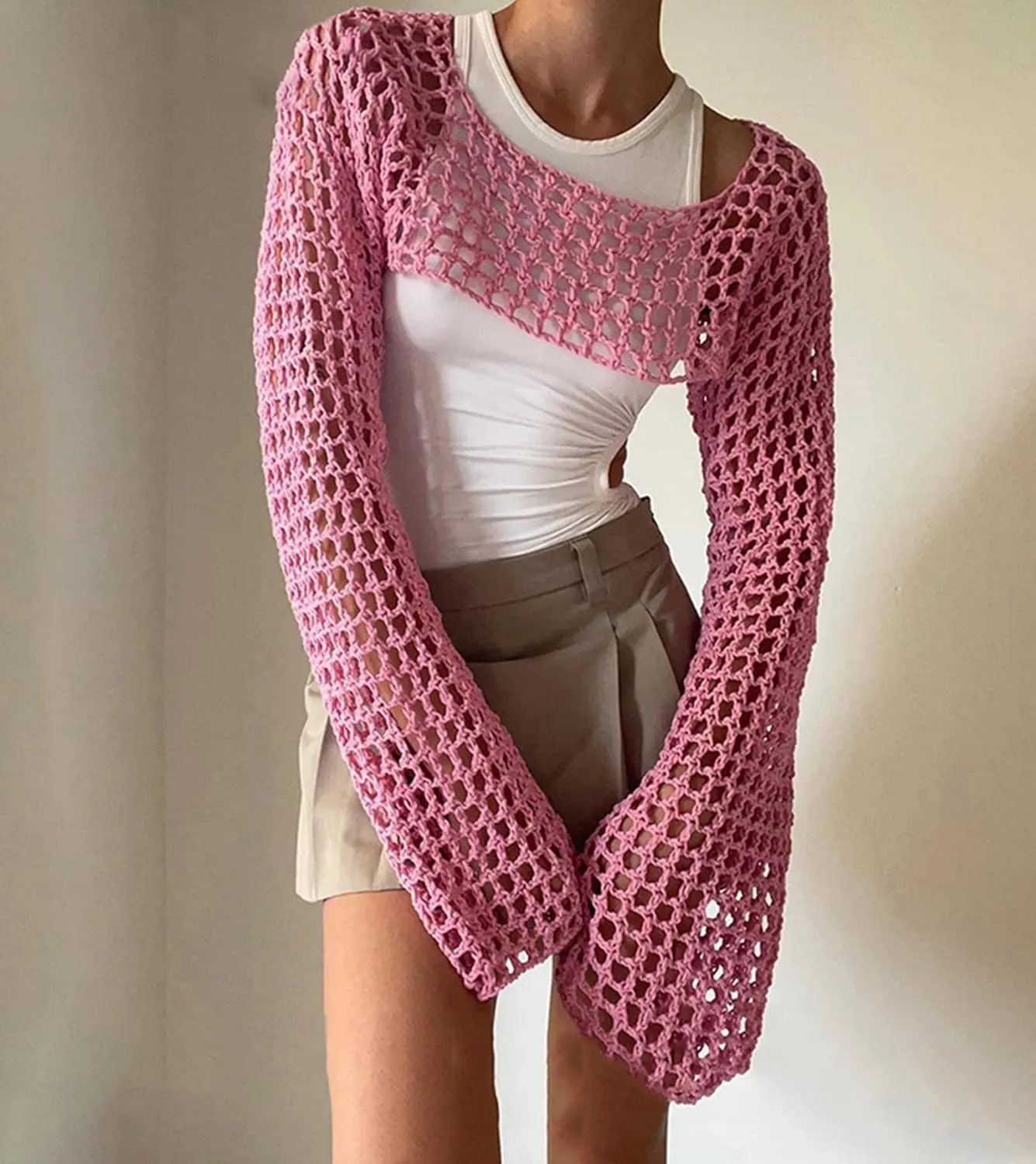 Aimiray Women's Sexy Mesh Crochet Crop Top Hollow Out Beach Cover Ups See Through Long Sleeve Y2k Knit Sweater Tees