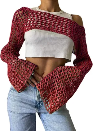 Aimiray Women's Sexy Mesh Crochet Crop Top Hollow Out Beach Cover Ups See Through Long Sleeve Y2k Knit Sweater Tees