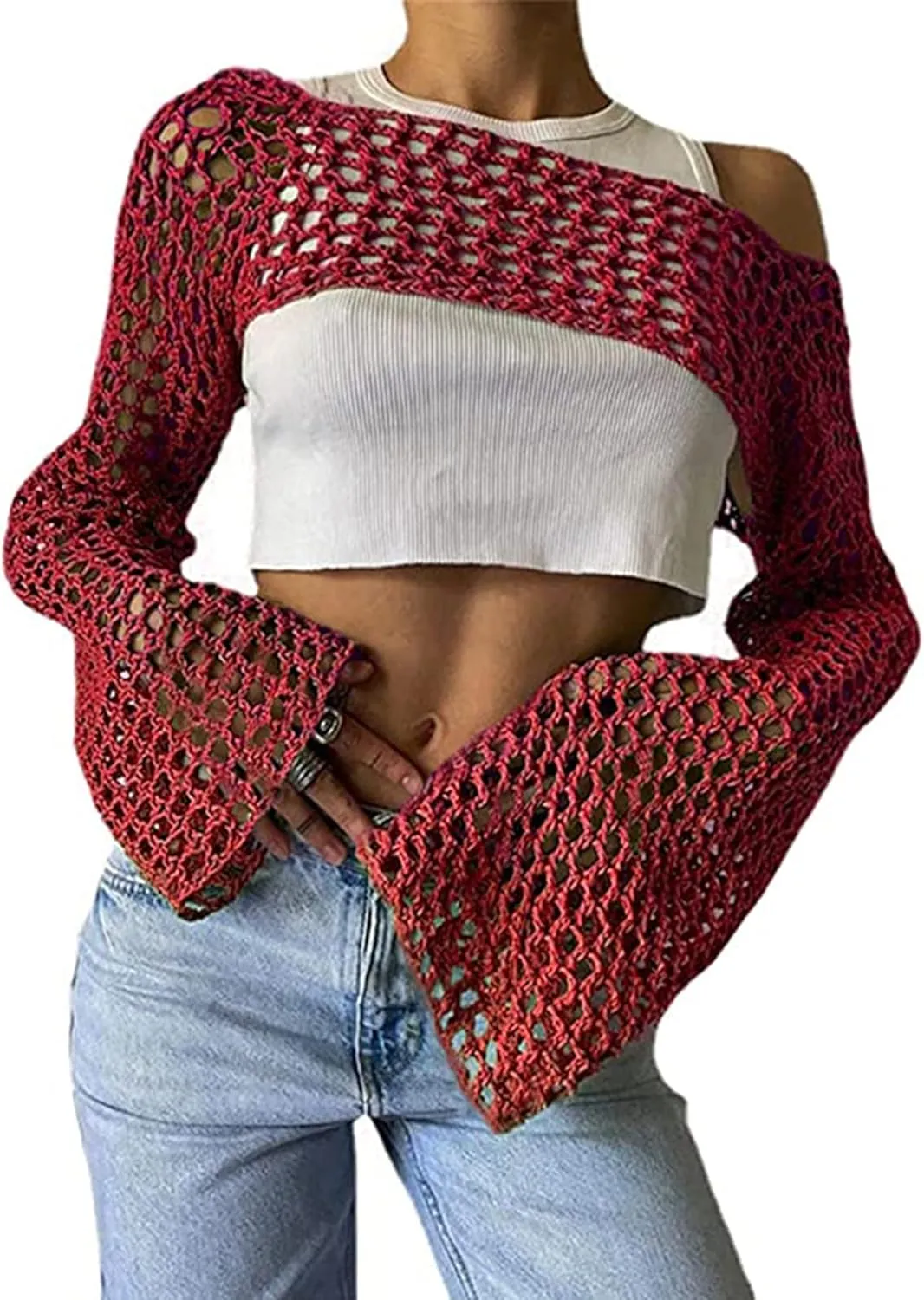 Aimiray Women's Sexy Mesh Crochet Crop Top Hollow Out Beach Cover Ups See Through Long Sleeve Y2k Knit Sweater Tees