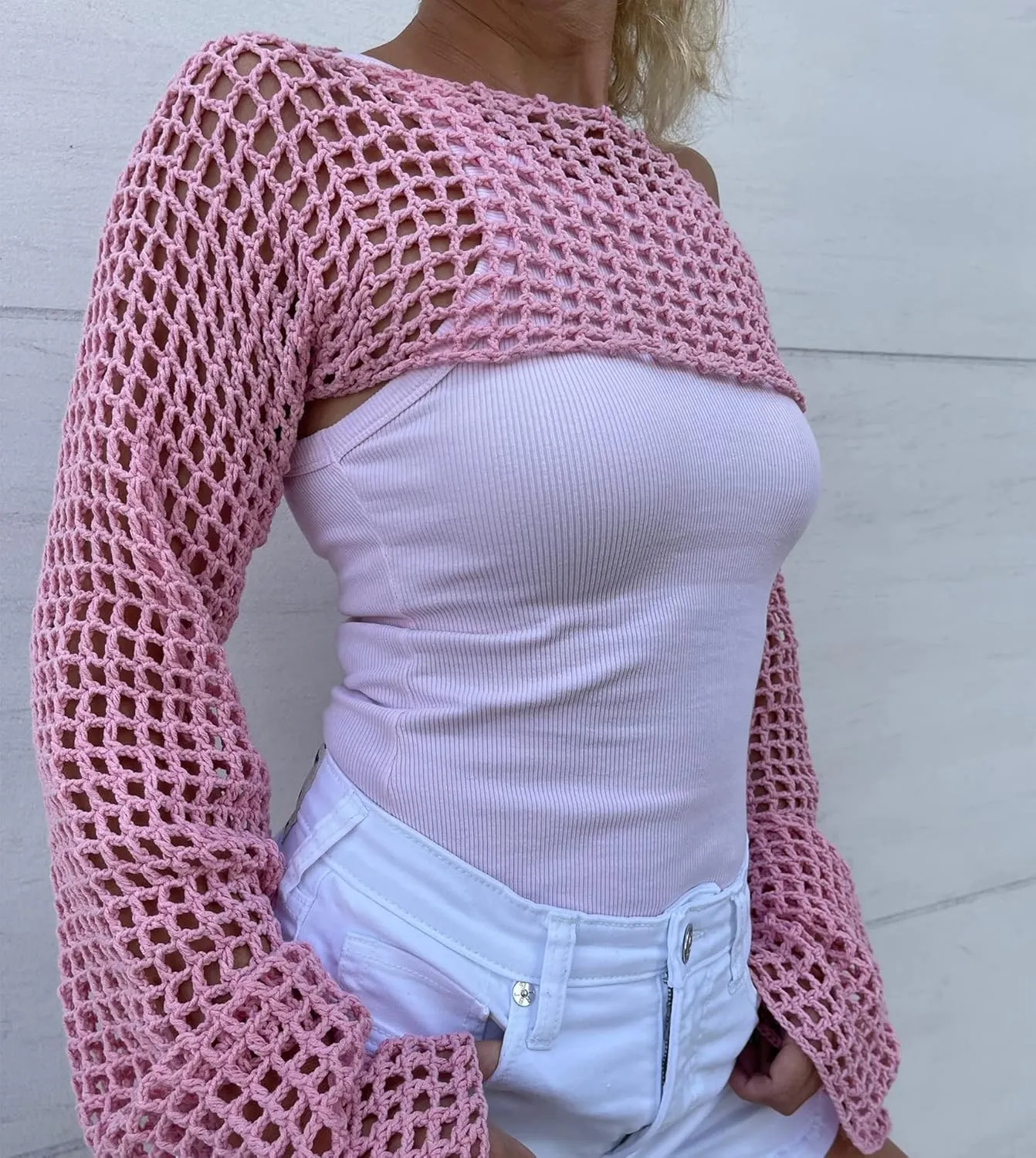 Aimiray Women's Sexy Mesh Crochet Crop Top Hollow Out Beach Cover Ups See Through Long Sleeve Y2k Knit Sweater Tees