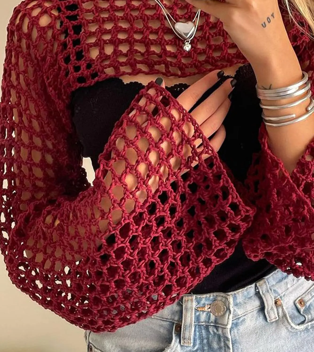 Aimiray Women's Sexy Mesh Crochet Crop Top Hollow Out Beach Cover Ups See Through Long Sleeve Y2k Knit Sweater Tees