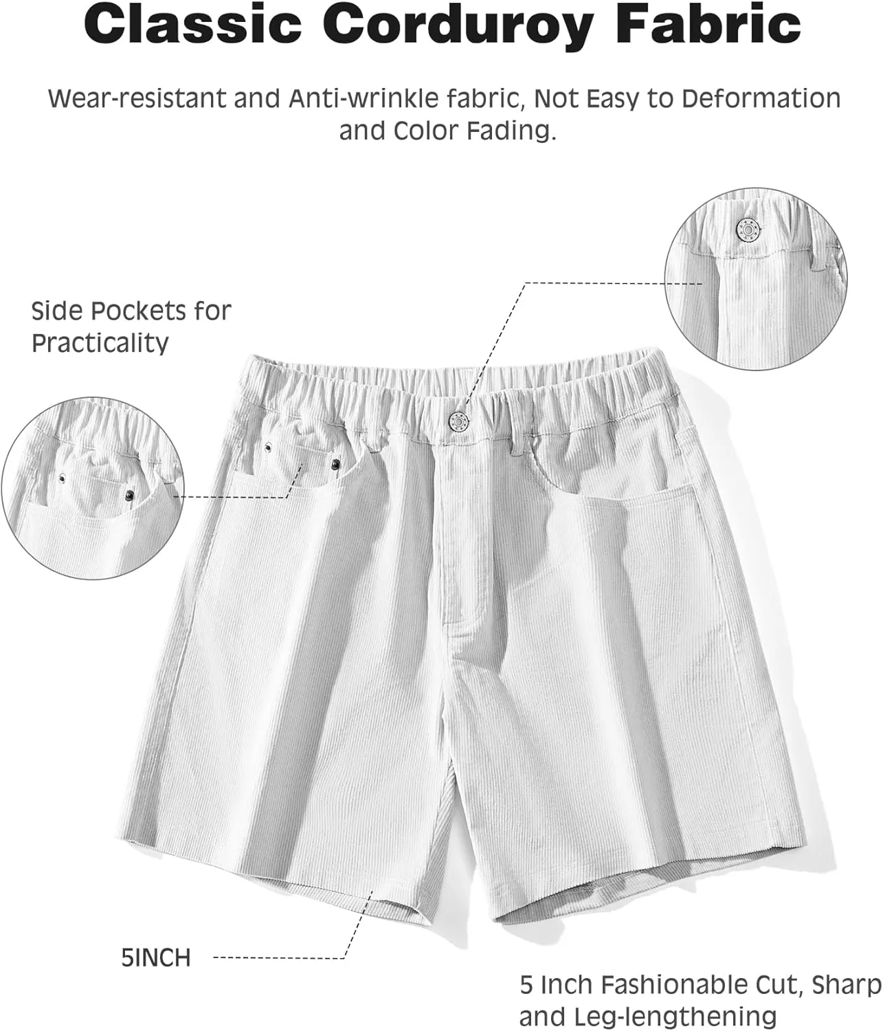 AIMPACT Mens Corduroy Shorts 5/6 Inseam Casual Elastic Waist Drawstring Summer Beach Shorts for Men with Pockets