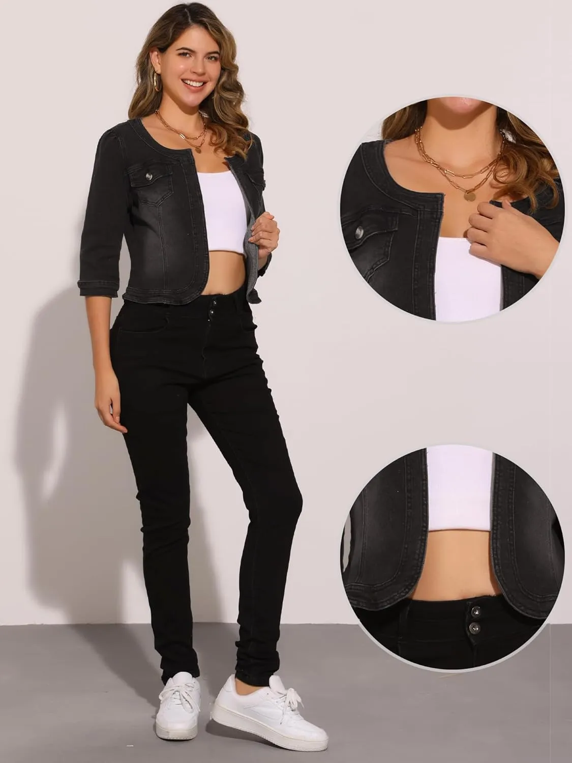 Allegra K Denim Jacket for Women's Collarless 2025 Cardigan 3/4 Sleeve Crop Jean Jackets