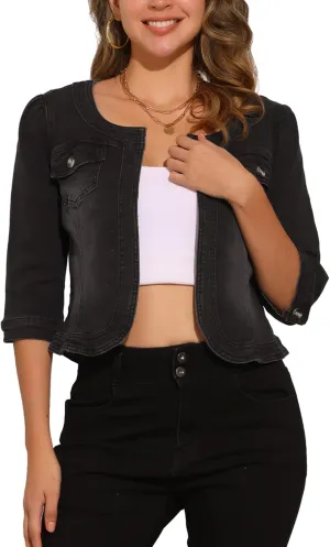 Allegra K Denim Jacket for Women's Collarless 2025 Cardigan 3/4 Sleeve Crop Jean Jackets