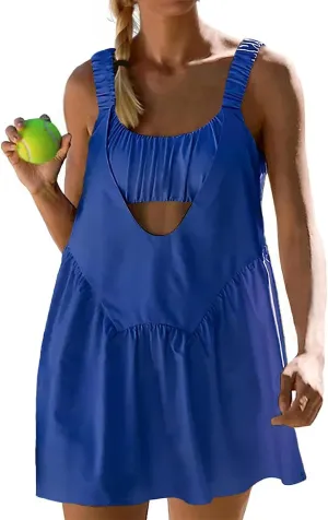 AnotherChill Womens Tennis Dress Built-in Bra & Matching Shorts Pockets Workout Dresses Athletic Outfits Cut Out Two Piece