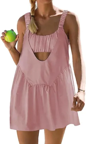 AnotherChill Womens Tennis Dress Built-in Bra & Matching Shorts Pockets Workout Dresses Athletic Outfits Cut Out Two Piece