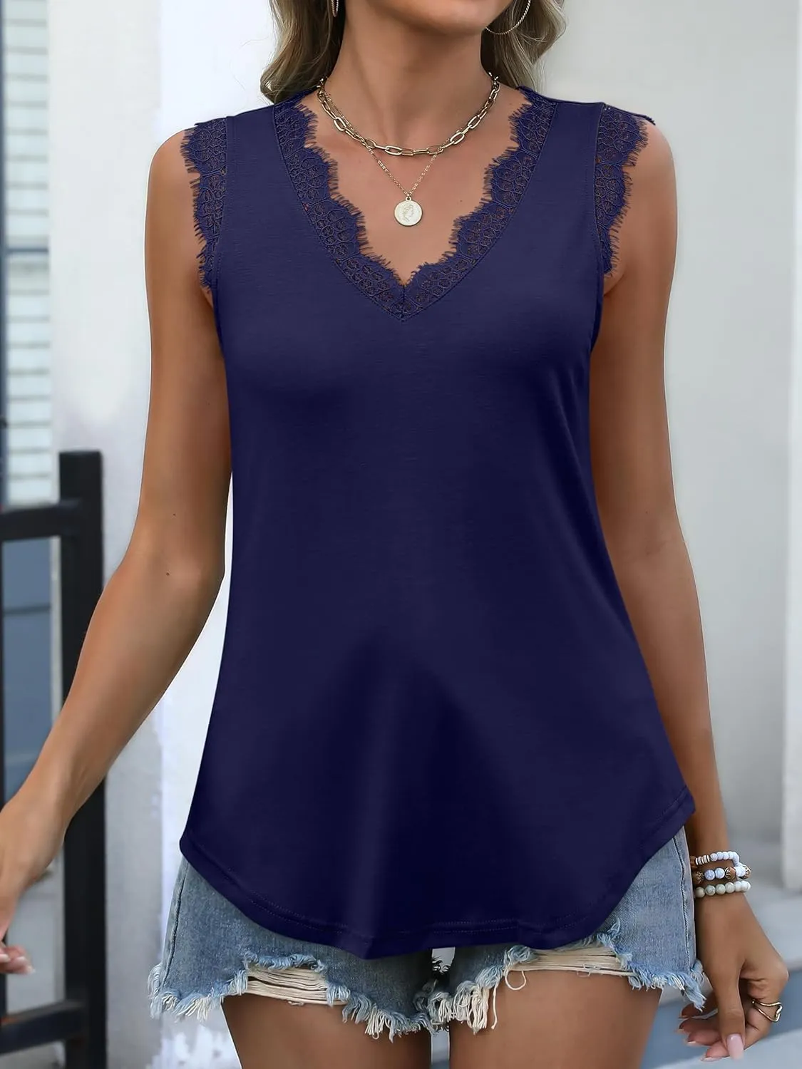 ANRABESS Womens Lace Trim Tank Tops V Neck Sleeveless Shirts 2025 Summer Casual Trendy Dressy Cami Top