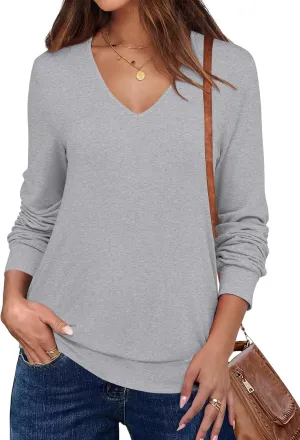 ANRABESS Women's Long Sleeve Shirts Casual Loose V Neck Basic Tees Tops 2025 Fall T-Shirt Outfits
