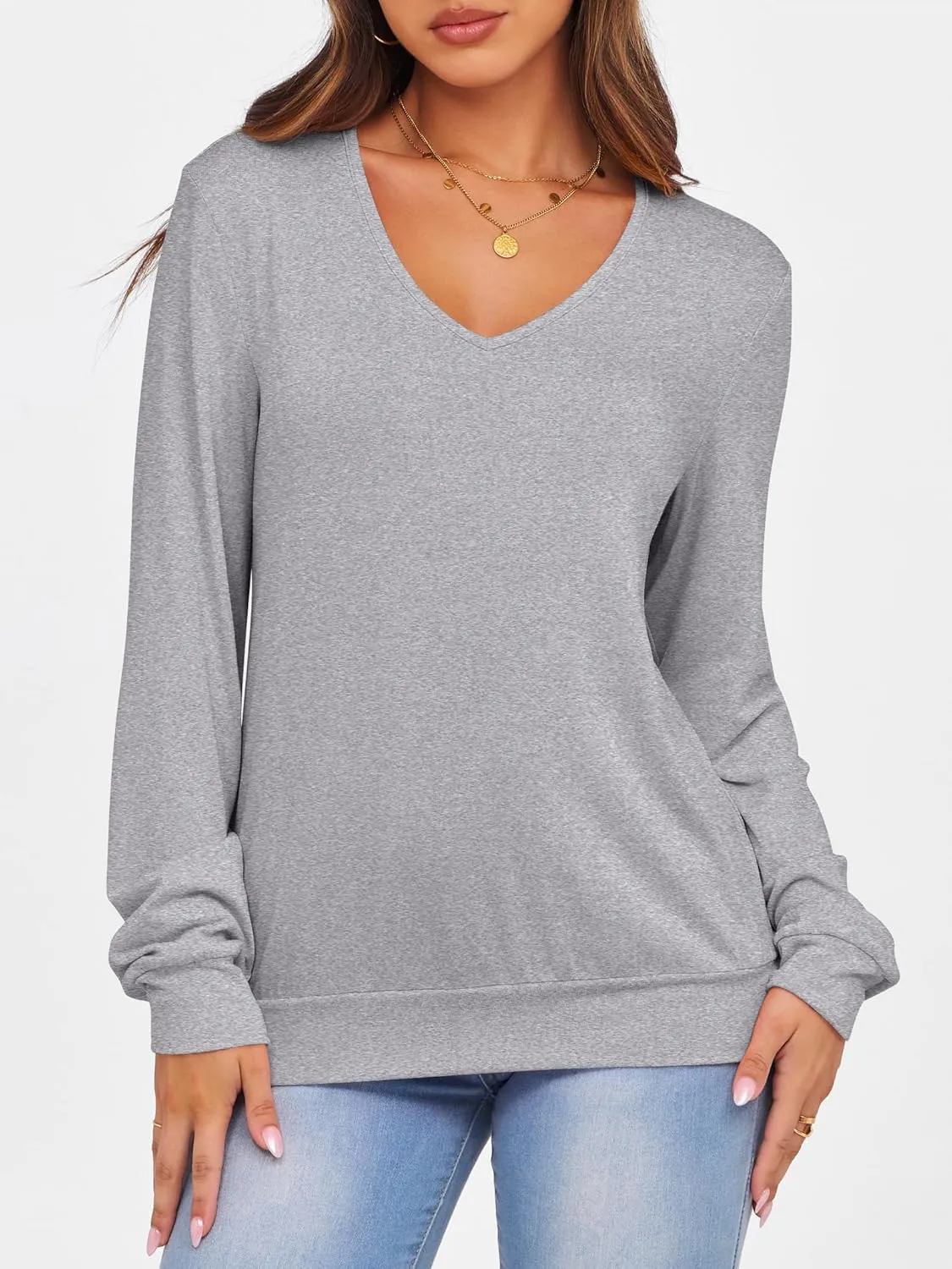 ANRABESS Women's Long Sleeve Shirts Casual Loose V Neck Basic Tees Tops 2025 Fall T-Shirt Outfits