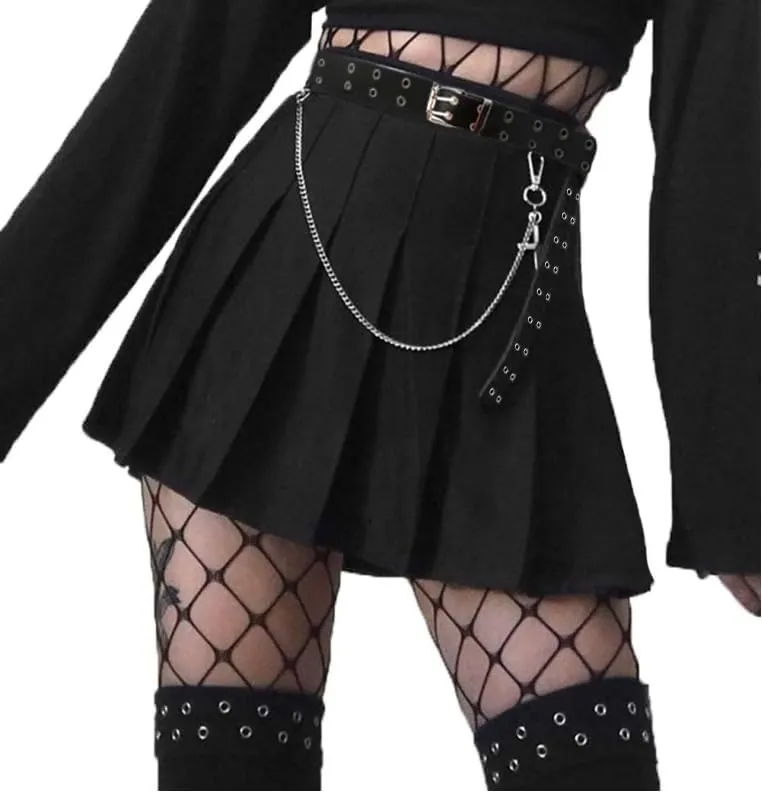 AULKEEP Womens Black Mini Pleated Skirts Goth High Waist A Line Punk Skirt School Uniform Short Skirts with Belt