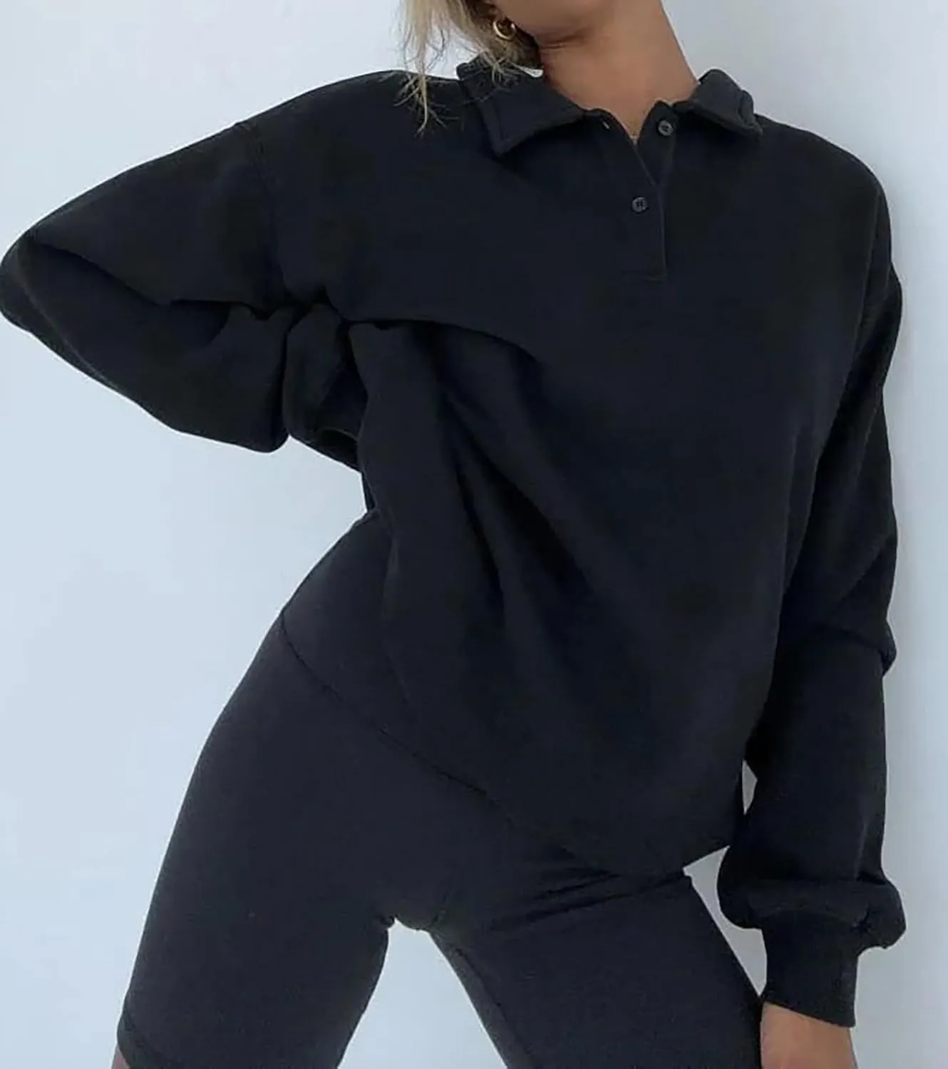 BAIGRAM Women Quarter Button Up Collar Polo Sweatshirt Oversized Fleece Fall Casual Pullover Tops 2024 Cute Outfits