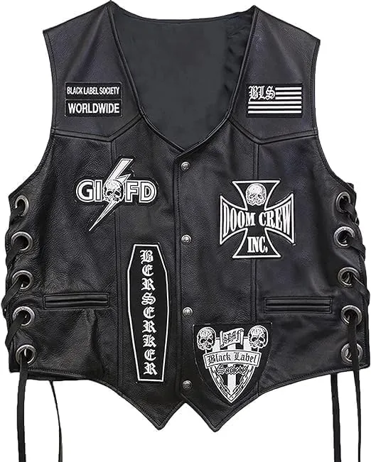 Black Label Society Skull Patch Motorcycle Vest For Men  Real Leather Biker Jacket For Rock & Metal Fans