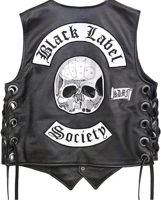Black Label Society Skull Patch Motorcycle Vest For Men  Real Leather Biker Jacket For Rock & Metal Fans