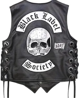 Black Label Society Skull Patch Motorcycle Vest For Men  Real Leather Biker Jacket For Rock & Metal Fans