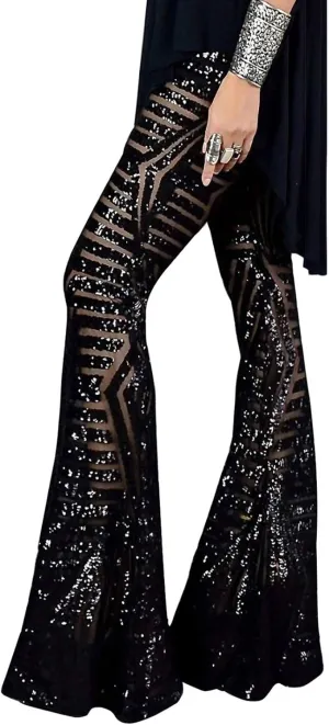 BLENCOT Women's Glitter Sequin Wide Leg Palazzo Pants High Waist Bell Bottoms Party Flared Trousers