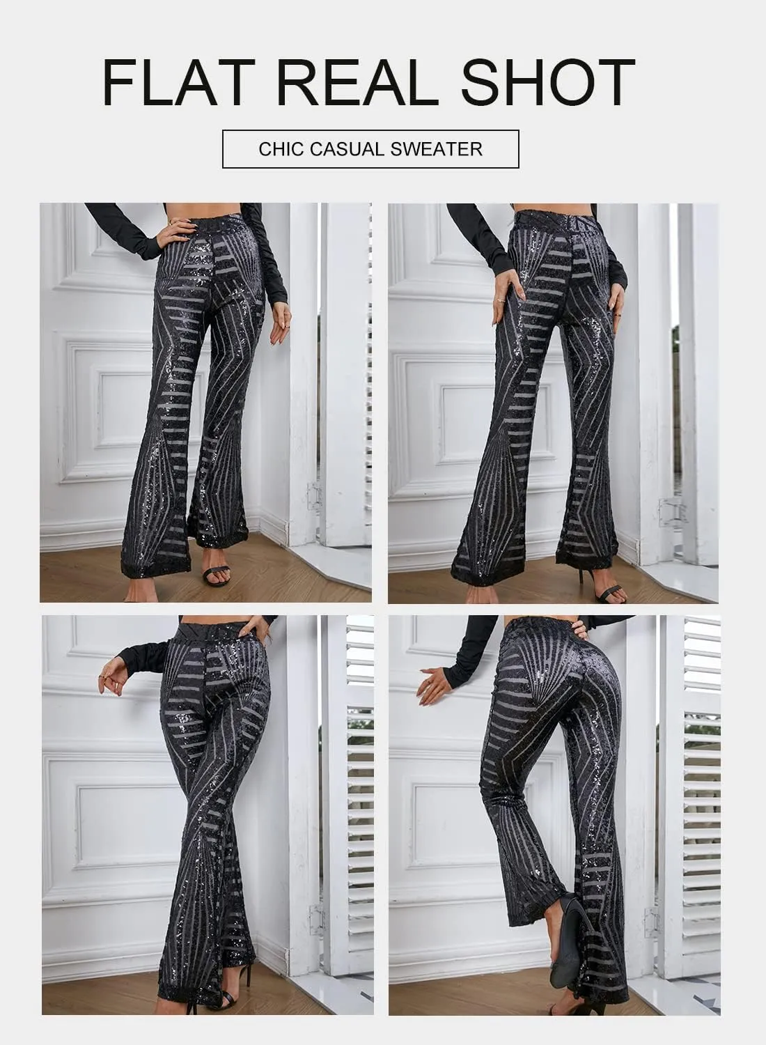 BLENCOT Women's Glitter Sequin Wide Leg Palazzo Pants High Waist Bell Bottoms Party Flared Trousers