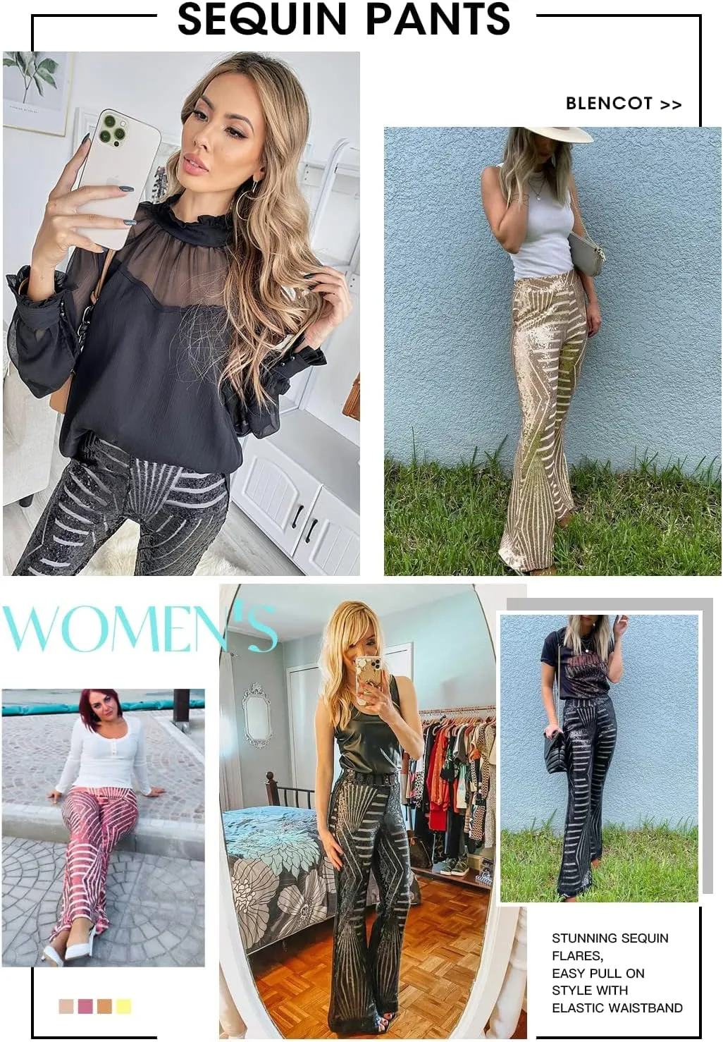 BLENCOT Women's Glitter Sequin Wide Leg Palazzo Pants High Waist Bell Bottoms Party Flared Trousers